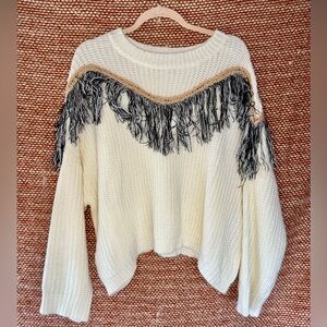 Mustard Seed Cream Sweater with Black Fringe